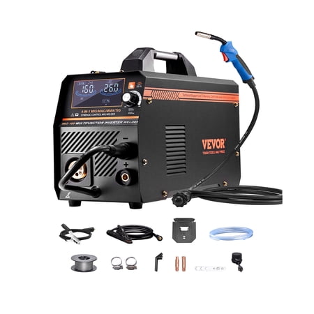 VEVOR MIG Welder, 160A Synergic Mig Welding Machine,4-in-1 Gas MIG/Flux Core MIG/Stick/Lift TIG Multi-Process Welder Machine, 110V/220V Dual Voltage Mig Welder with IGBT Inverter & LCD Screen Display