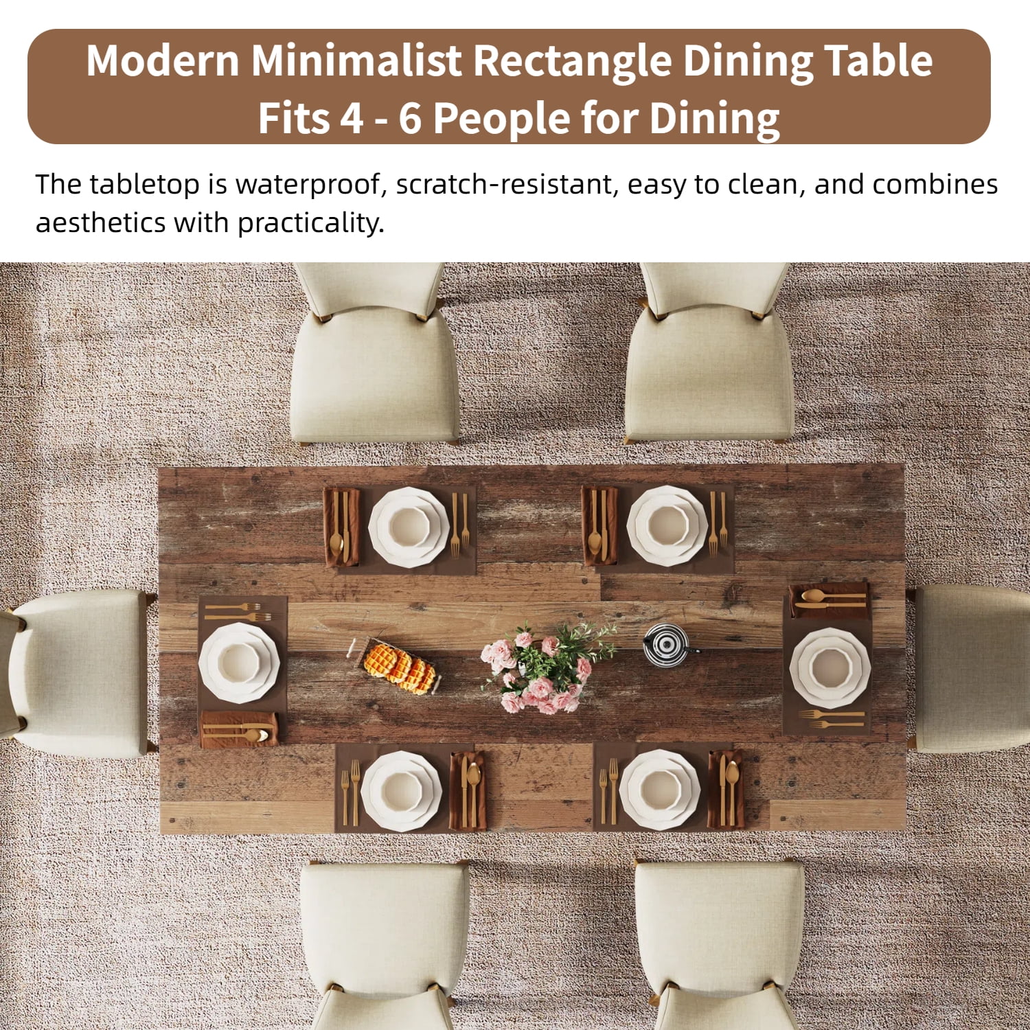 Fnova 63" Rectangular Modern Dining Table, Wooden Modern Kitchen Table for 6 People for Dining Room, Brown (Chairs Not Included)