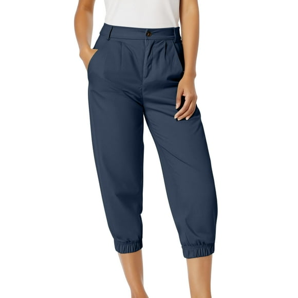 Capris Pants for Women Plus Size New Womens High Waisted Capris Business Casual Summer Solid Casual Button Zipper Capris Jogger Pants with Pockets Navy M