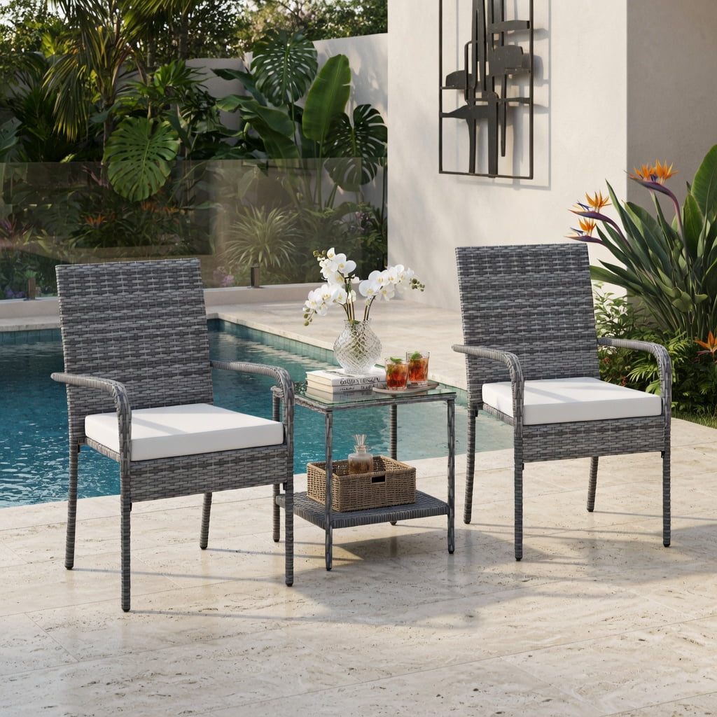Hommoo 3-Piece Modern PE Rattan Patio Furniture Set with Cushions, Tempered Glass Tabletop, and Reinforced Metal Frame, Ideal for Balcony, Porch & Backyard, White