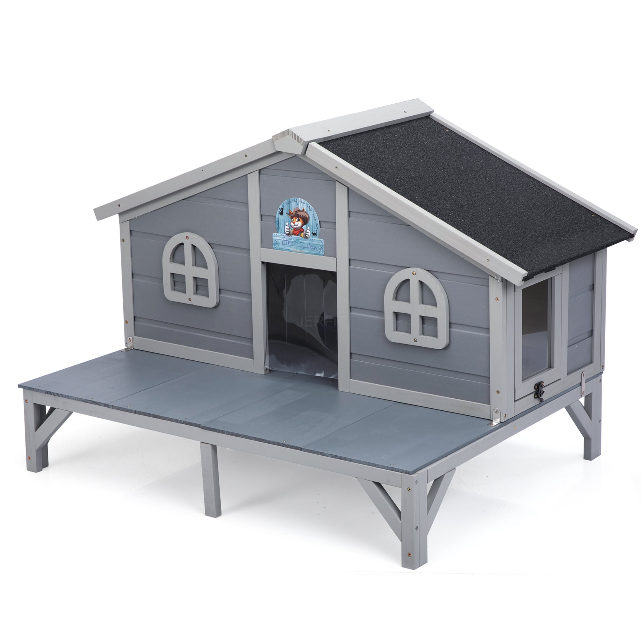 JERFIT All Weather Gray Wooden Cat House & Outdoor Enclosure with Lockable Door, Cozy Fringe Curtains for Large Cats & Kittens