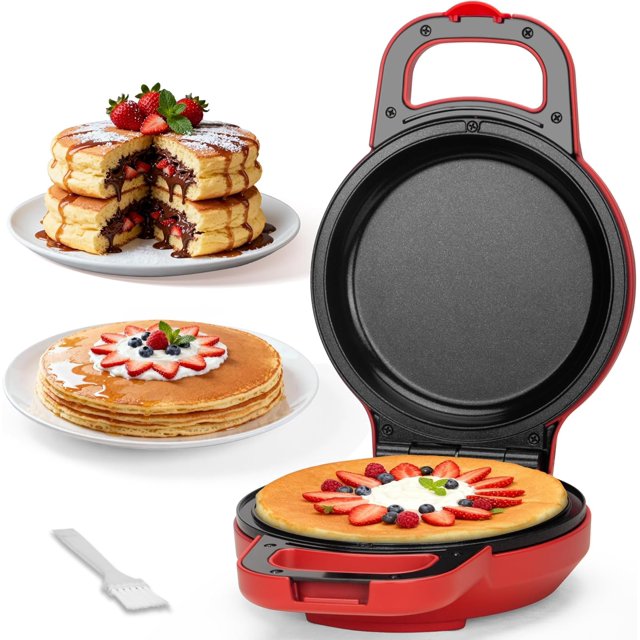 Flip Pancake Maker, Electric Pancake Maker Machine, 6.5 Inch Nonstick Ceramic Crepe Pan for Pancakes, Omelette, Crepe & Quesadilla, Frittata Pan, Fluffy Pancake Griddle, Red