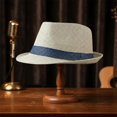 thumbnail image 7 of Byfri Straw Panama Jazz Hat Wide Brim Sun Fedora Hat for Beach Travel Beige + Blue 56-58cm, 7 of 7