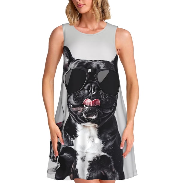 Balery Cool French Bulldog Wine Vestidos de verano para mujer con estampado: vestido holgado sin mangas, vestido playero informal y cómodo para días calurosos.