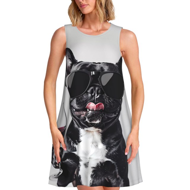 Fotbe Cool French Bulldog Wine Vestido de Verano sin Mangas para Mujer – Vestido Midi Línea A, Estilo Camiseta Floral, Vestido Playero Casual y Fluido