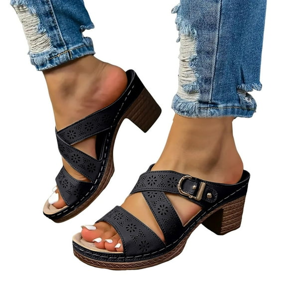 High Heels Slip on Sandals for Women 2025 Summer Fashion Leather Platform Chunky Heeled Dress Slides Slippers