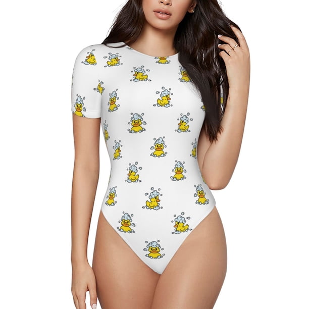 Fotbe Rubber Duck Showe Body de Mujer con Cuello Redondo y Mangas Cortas, Sin Mangas Ajustado, Suave, Cómodo y Básico-Medium