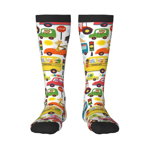 Fotbe Transports with Animals Calcetas Divertidas Estampadas para Hombre y Mujer, Calcetas de Algodón hasta la Rodilla para Caminar, Correr, Enfermería y Embarazo