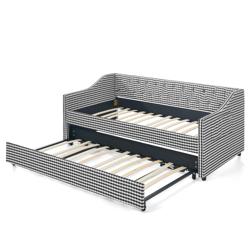 Twin Size Daybed with Pop Up Trundle, Gingham Upholstered Daybed Frame with Tufted Button Backrest and Side Storage Pocket, Modern Sofa Bed for Living Room Bedroom