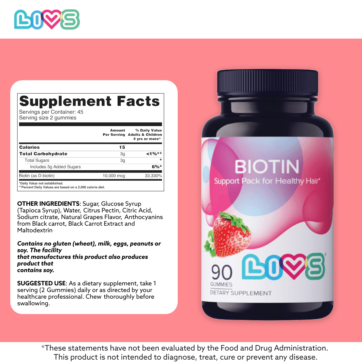 LIVS Biotin Gummies - 10,000 mcg Biotin Supplement - Supports Healthy Hair, Skin & Nails - Strawberry Flavor - Unisex - 180 Count (Pack of 2) with 90 Servings