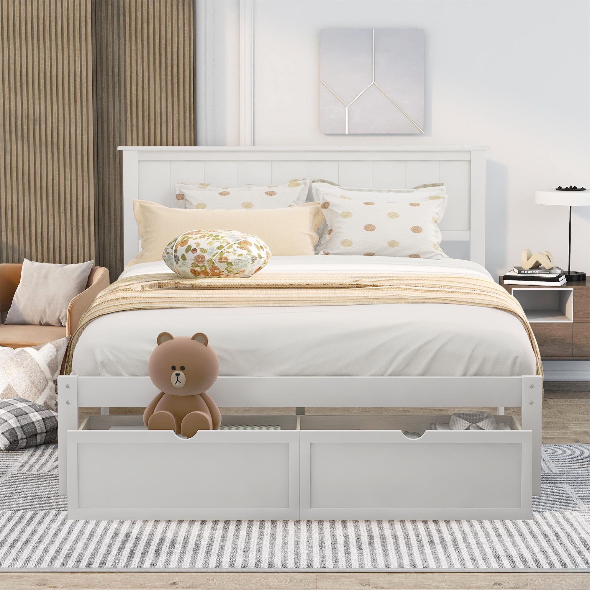 PAPROOS Full Bed with Storage, Heavy Duty Wood Platform Bed Frame with Headboard and Under-bed Drawers, Space Saving, Modern Full Size Bed Frame, No Box Spring Needed, White