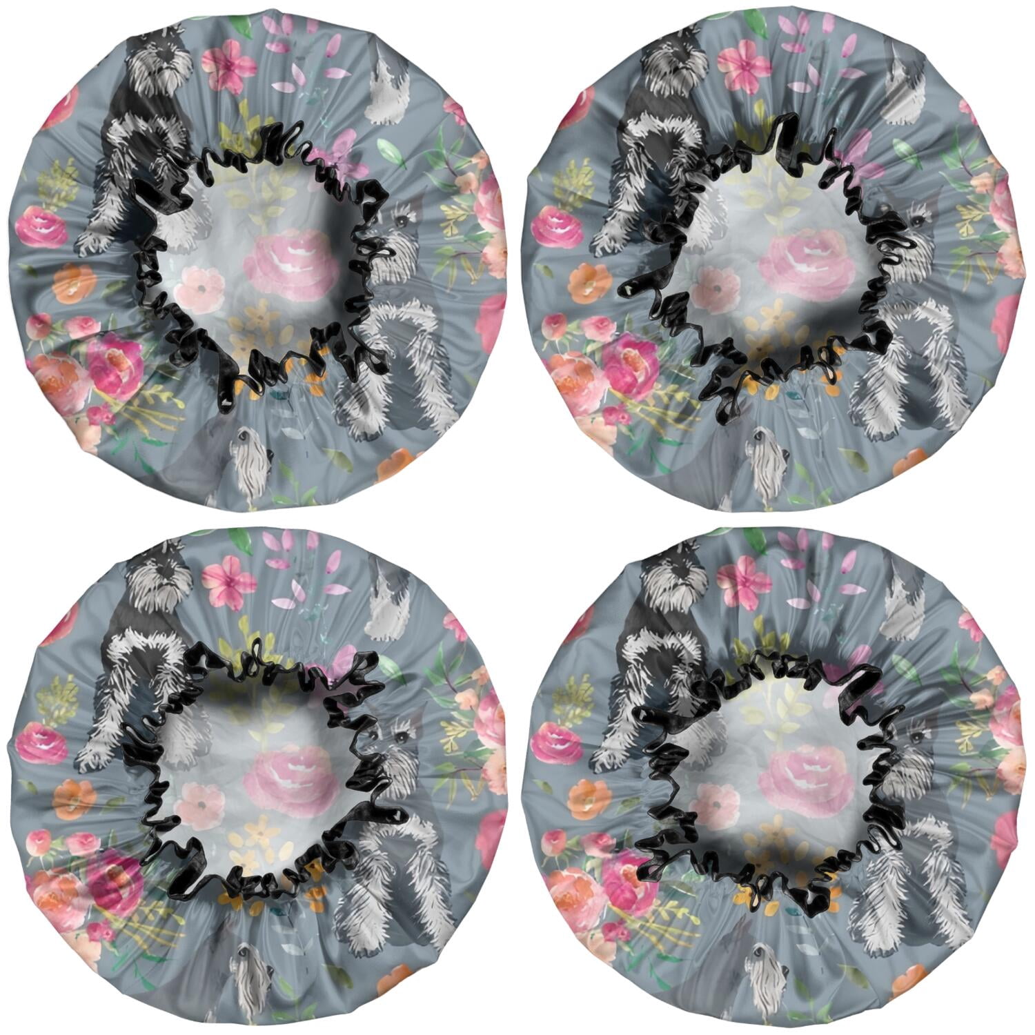 Shower Caps,Schnauzer and Pioneer Flower Waterproof Shower Cap for Women 4 Pieces,Double Reusable Hair Cover for Shower PEVA Elastic Stretch Hem