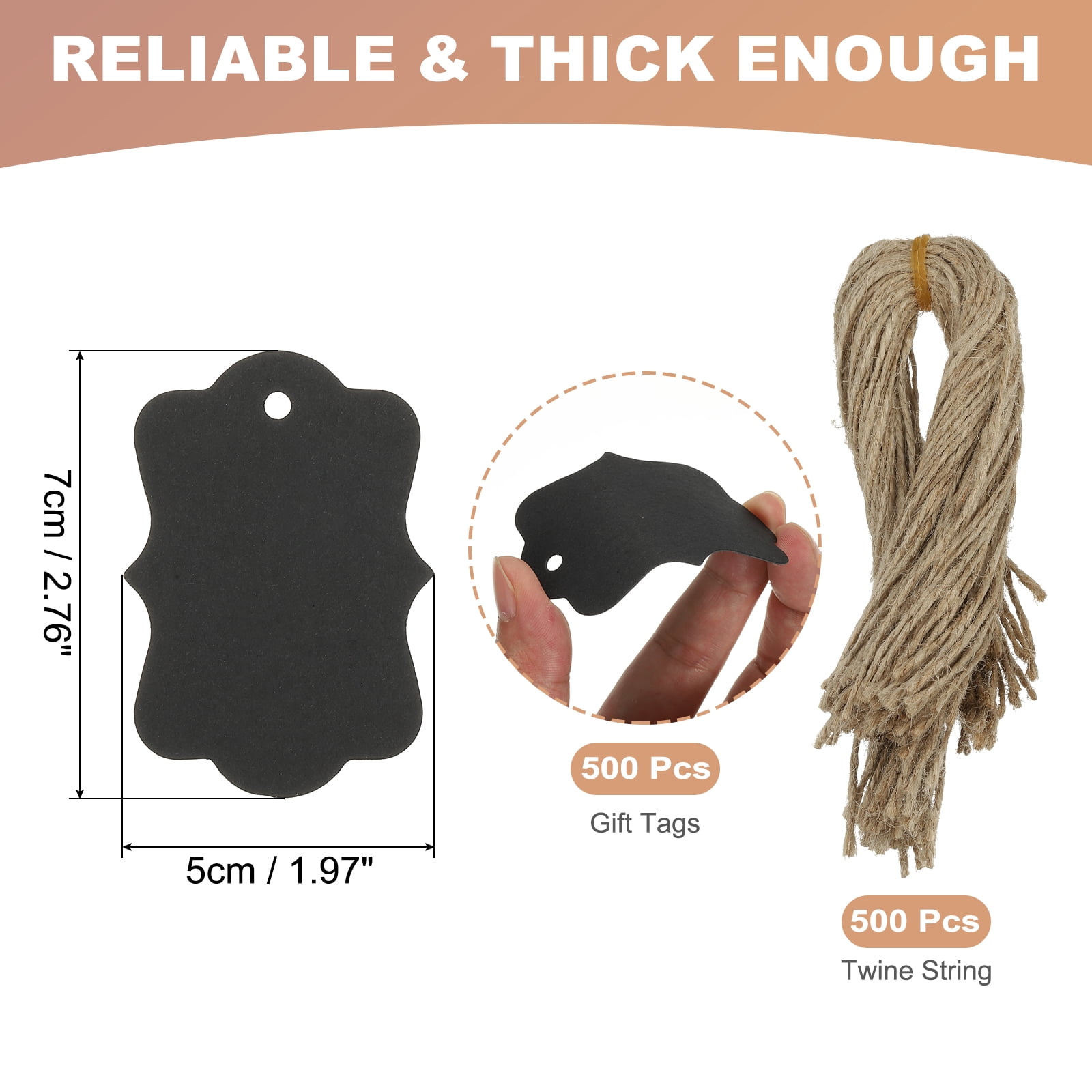Uxcell 500Pcs Black Price Tags with Twine String Attached, 2.76 x 1.97 Inch Paper Hang Tags Scalloped Gift Tags
