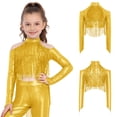 thumbnail image 6 of Haitryli Kids Girls Long Sleeve Sequins Ballet Jazz Hip Hop  Dance Crop Top Tassel Finger Holes Gymnastics Tee Shirt Blouse Gold 12, 6 of 7