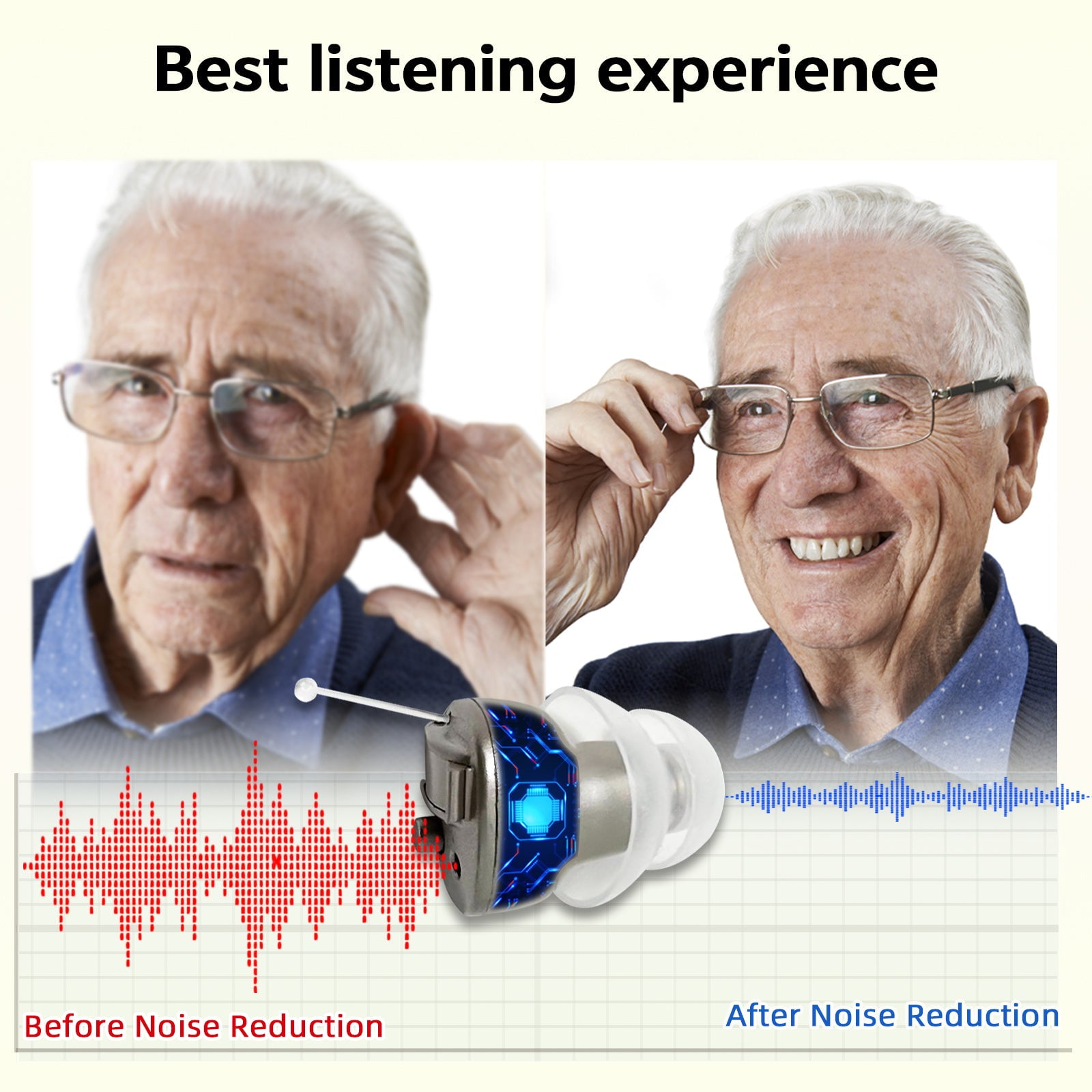ELCTRTICI Hearing Aids for Seniors, Mini Invisible Hearing Aid with Smart Noise Reduction Clear Sound, Replaceable Battery, VHP-603 Single, Gold