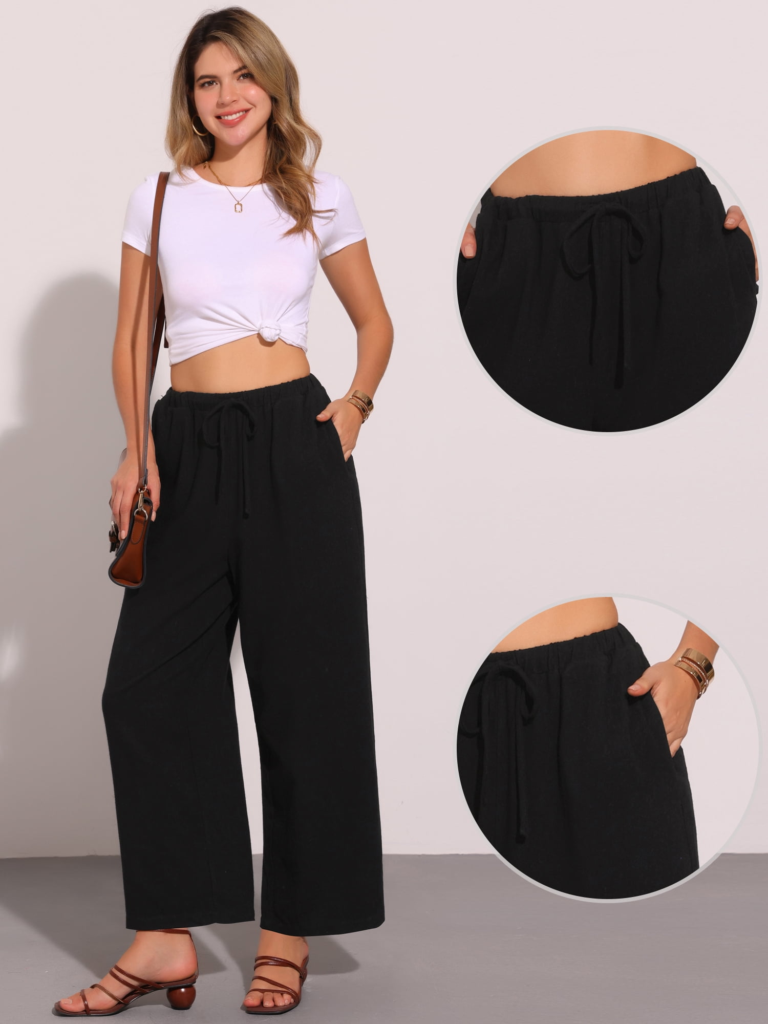 DARING DIVA Women's High Waist Drawstring Palazzo Pants S Black