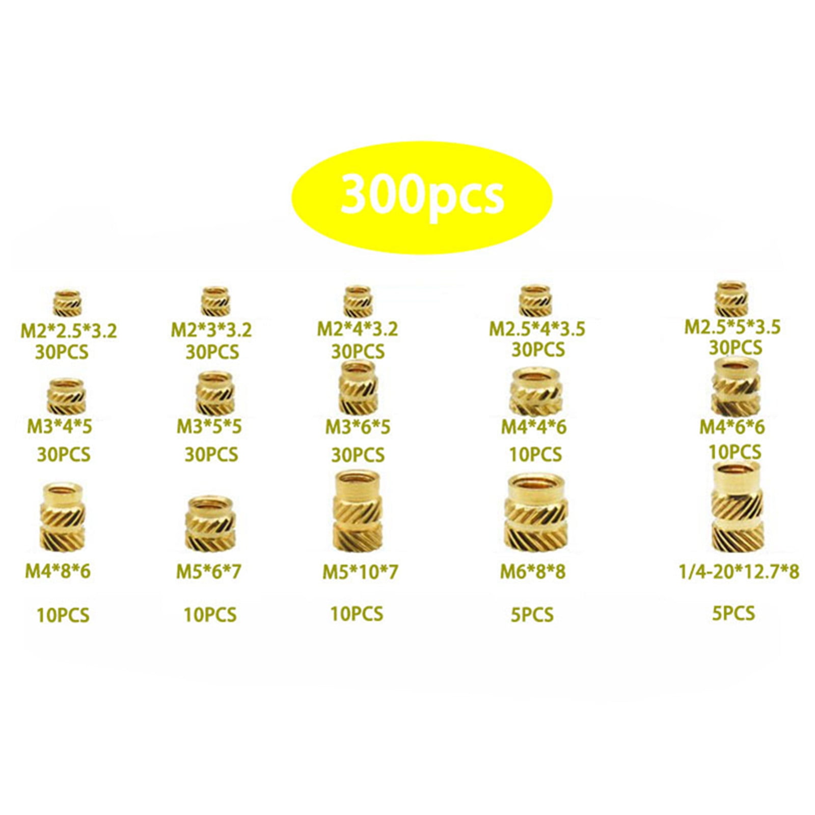 300PCS Brass Threaded Insert Nuts Set Knurled Nuts for Plastic Parts Heat Ultrasonic Application