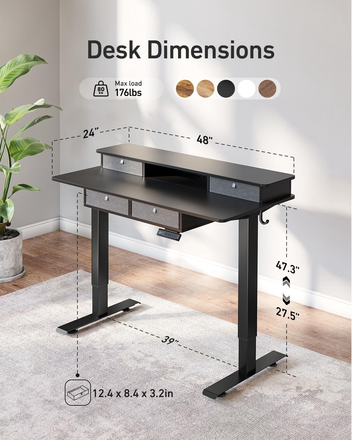 DESINO 48 x 24 Inch Height Adjustable Electric Standing Desk with Drawers, Stand Up Table with Large Storage Shelf, Sit Stand Desk for Home Office, Black