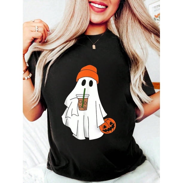 Halloween T-Shirt 100% Cotton Ghost Drinking Coffee Ghost Ice Coffee Men Women Women's Tee Causal Breathable Classic Comfort Tops