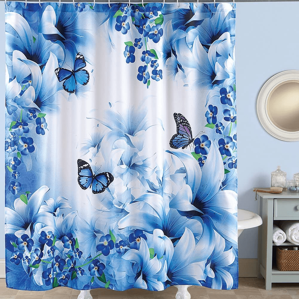 Multi-colored Lilies Flower and Butterfly Bathroom Fabric Shower Curtain 71In 