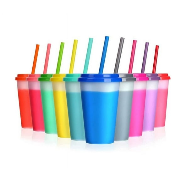 Color Changing Cups with Lids & Straws - 10 Pack 12oz Reusable Plastic Cold Water Tumblers Iced Coffee Cups for Adults Kids