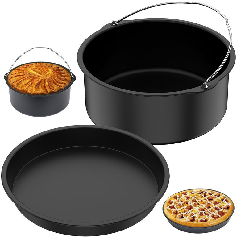 2Pcs Air Fryer Accessory Durable Air Fryer Pizza Pan and Baking Cake Barrel with Non Stick Coating Round Baking Cake Pan Set Large and Small Air Fryer