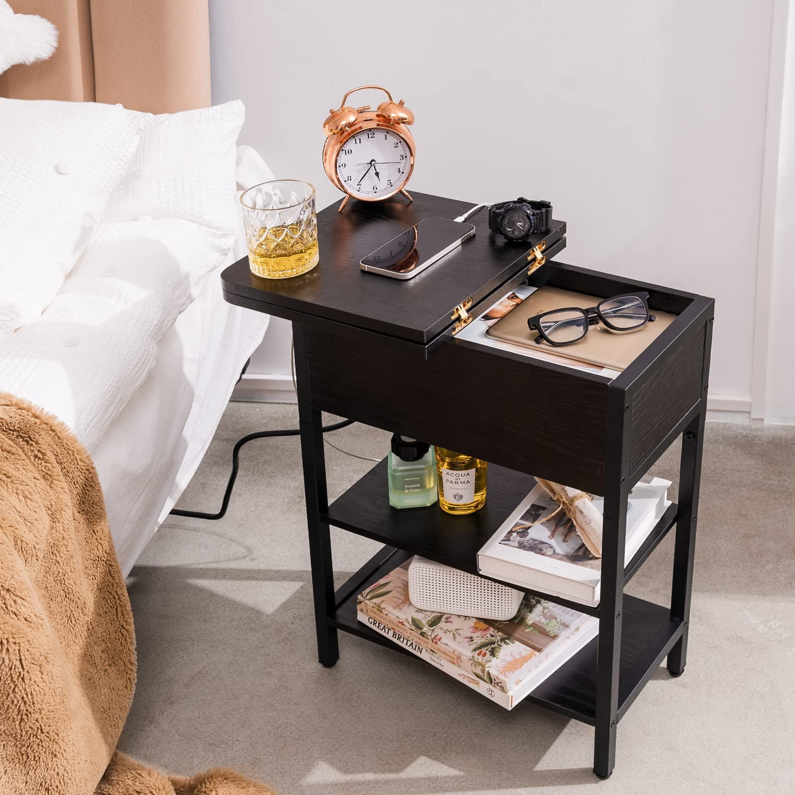 End Table with Charging Station, Flip Top Side Table with USB Ports and Outlets,Small Table Bedside Tables with Storage Shelf for Living Room, Bedroom
