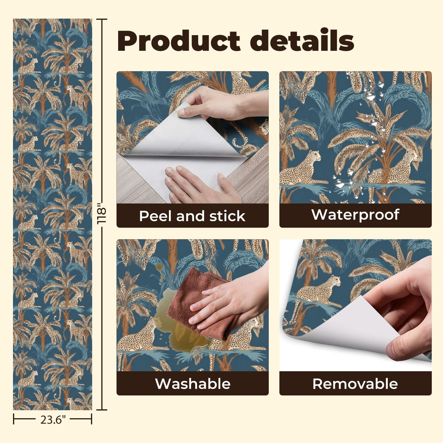 Cheetah Peel and Stick Wallpaper 23.6in x 9.8ft Tropical Jungle Cheetahs Palm Trees Blue Contact Paper Vinyl Waterproof Self Adhesive Wall Paper for Bedroom Shelf Cabinet Renter Friendly