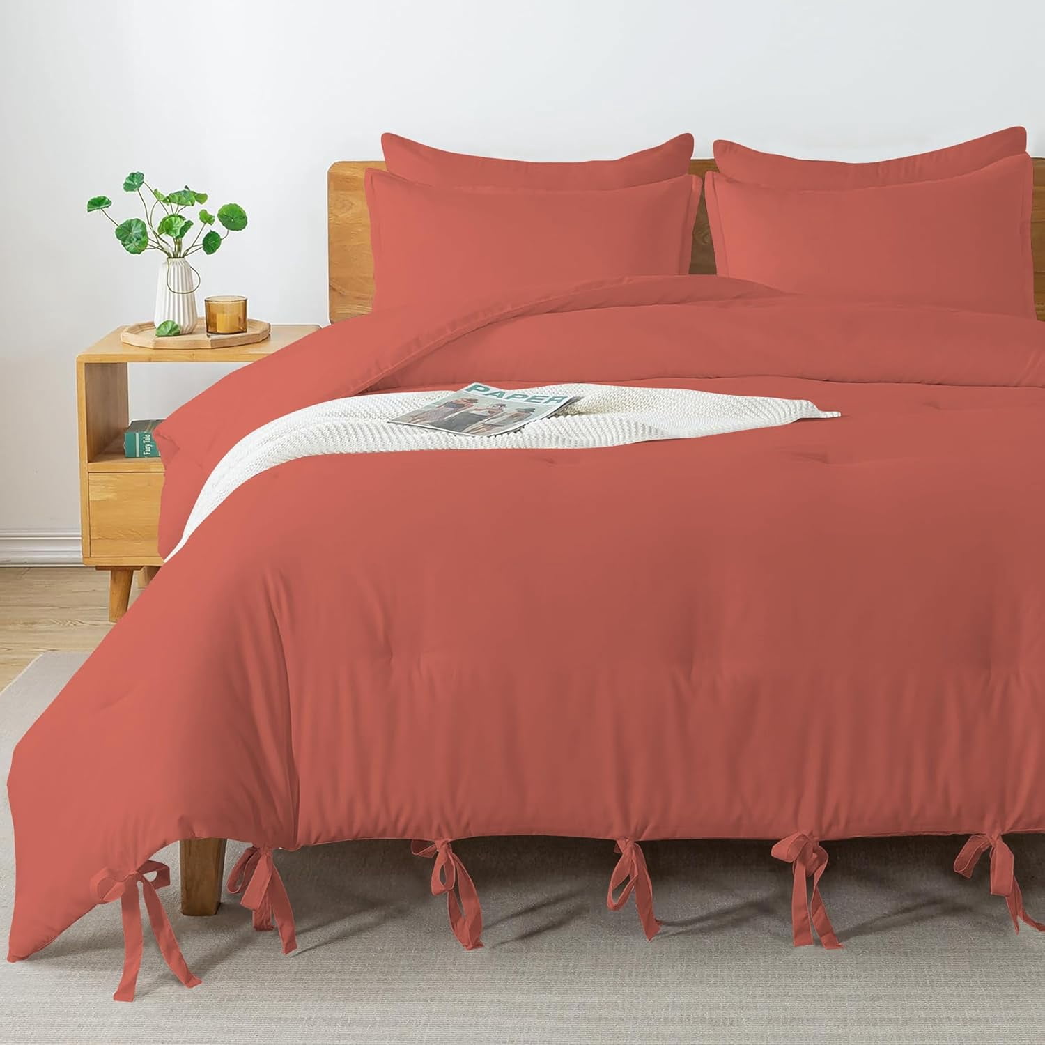 3 Piece Luxury Bottom Tie Pattern Comforter Set, 800 TC, 100% Egyptian Cotton, Super King Size Brick Red Solid