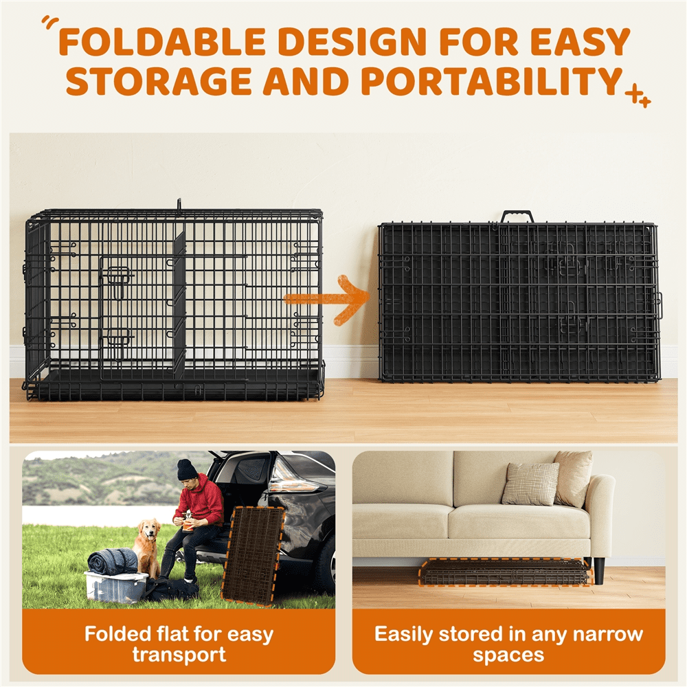 Alden Design 42″ Dog Crate with 2 Doors and Pull-out Tray for Large Dog, Black
