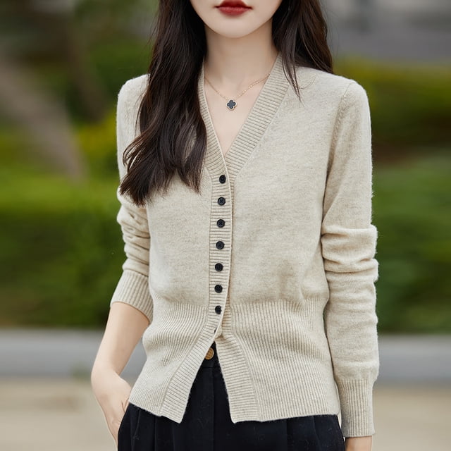 Nuevo suéter tipo cárdigan para mujer, moda Otoño Invierno, suéter de punto con cuello en V, color sólido, ropa básica femenina, cárdigan suave de calle alta