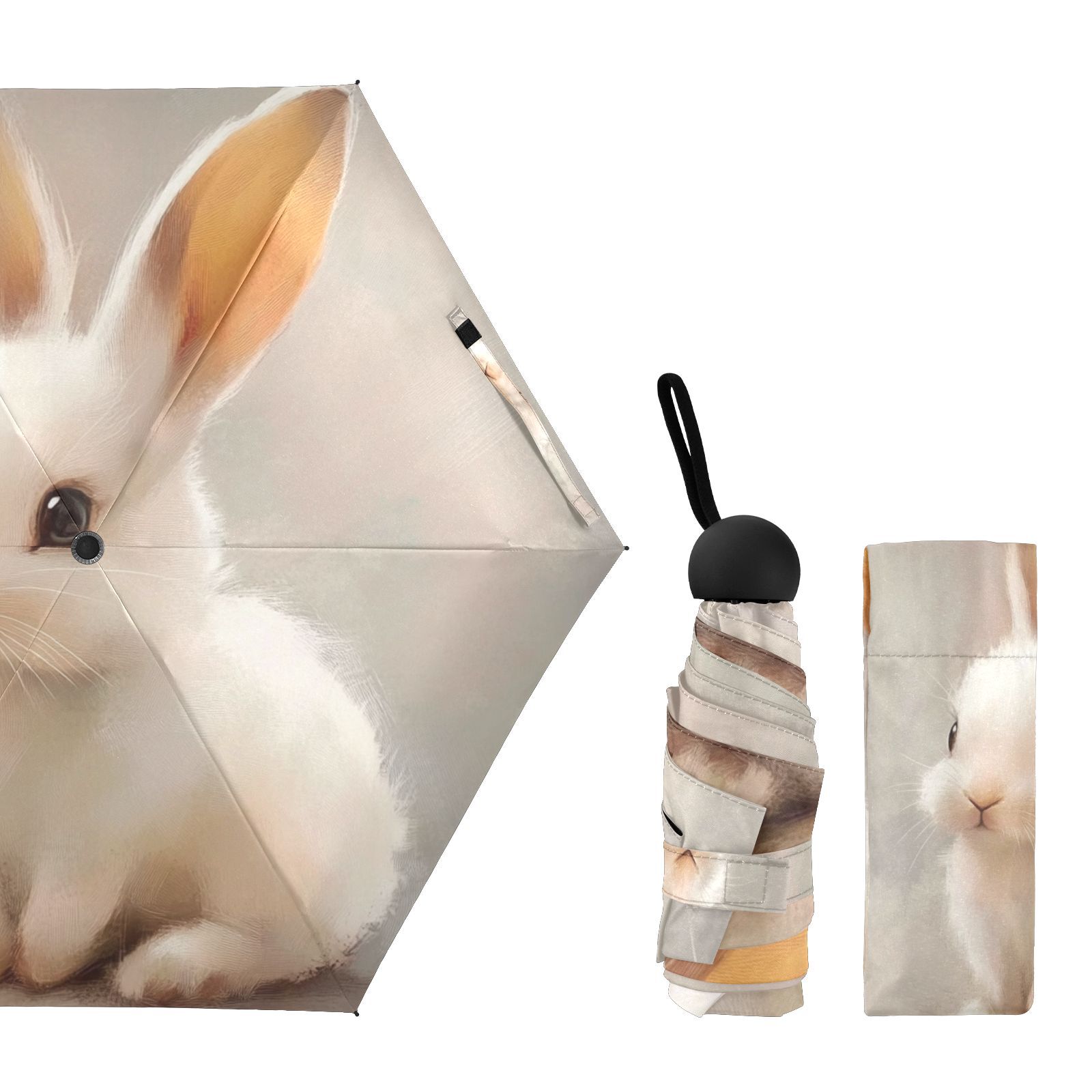 JSTEL Cute Rabbit Bunny Folding Umbrella for Rain Sun Travel Mini Lightweight Compact Umbrellas