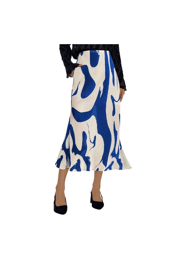 Women's Tennis Skirts Summer Women Fashion Pattern Color Blocking Spring Skirt Floral Printed A Line Midi Hemline Elastic Waist Lightweight Flowy Casual Beach Blue M