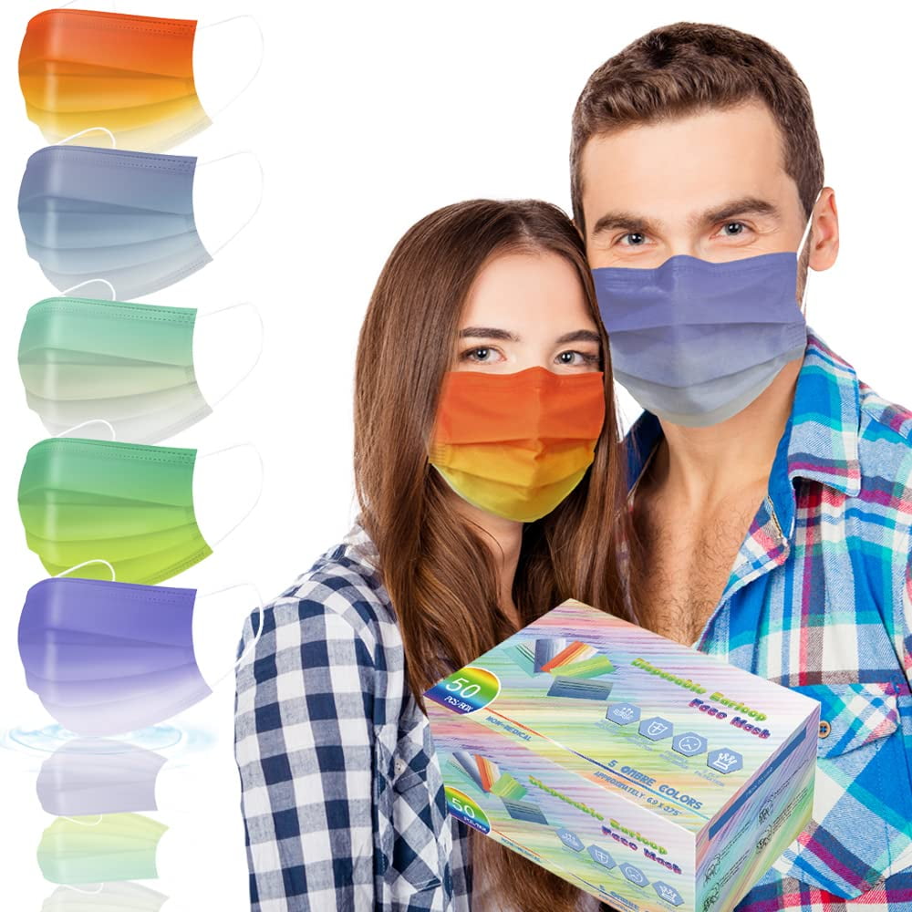 Disposable Face Masks with Design Ombre Colorful 3Ply Colored Earloop