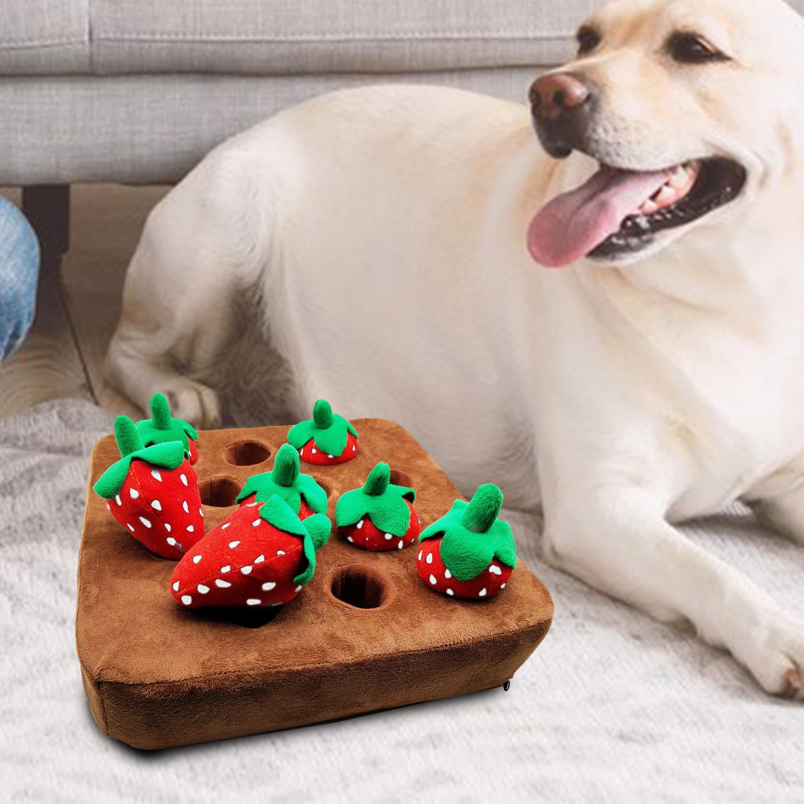 Interactive Strawberry Pulling Plush Toy for Dogs – Snuffle Puzzle Toy,Soft Foraging Toy for Pets with Hidden Treat Pockets