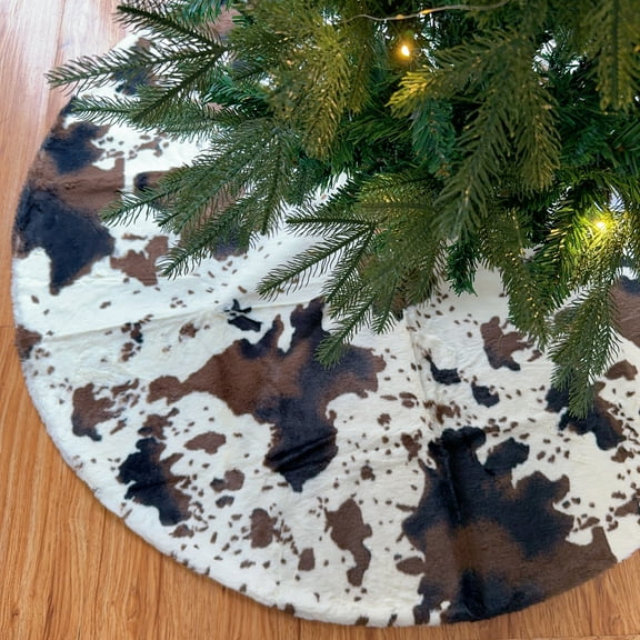 Rustic Plush Cow Print Christmas Tree Skirt,Traditional Holiday Deluxe Black White Western Christmas Tree Skirt Mat Decoration for Merry Christmas Xmas Winter New Year Party