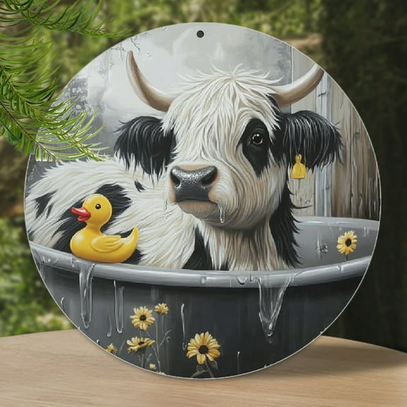 Highland Cow in Bathtub Rubber Duck Vintage Metal Tin Sign Funny Round Iron Painting Hanging Wall Decor for Home Office 8 Inch