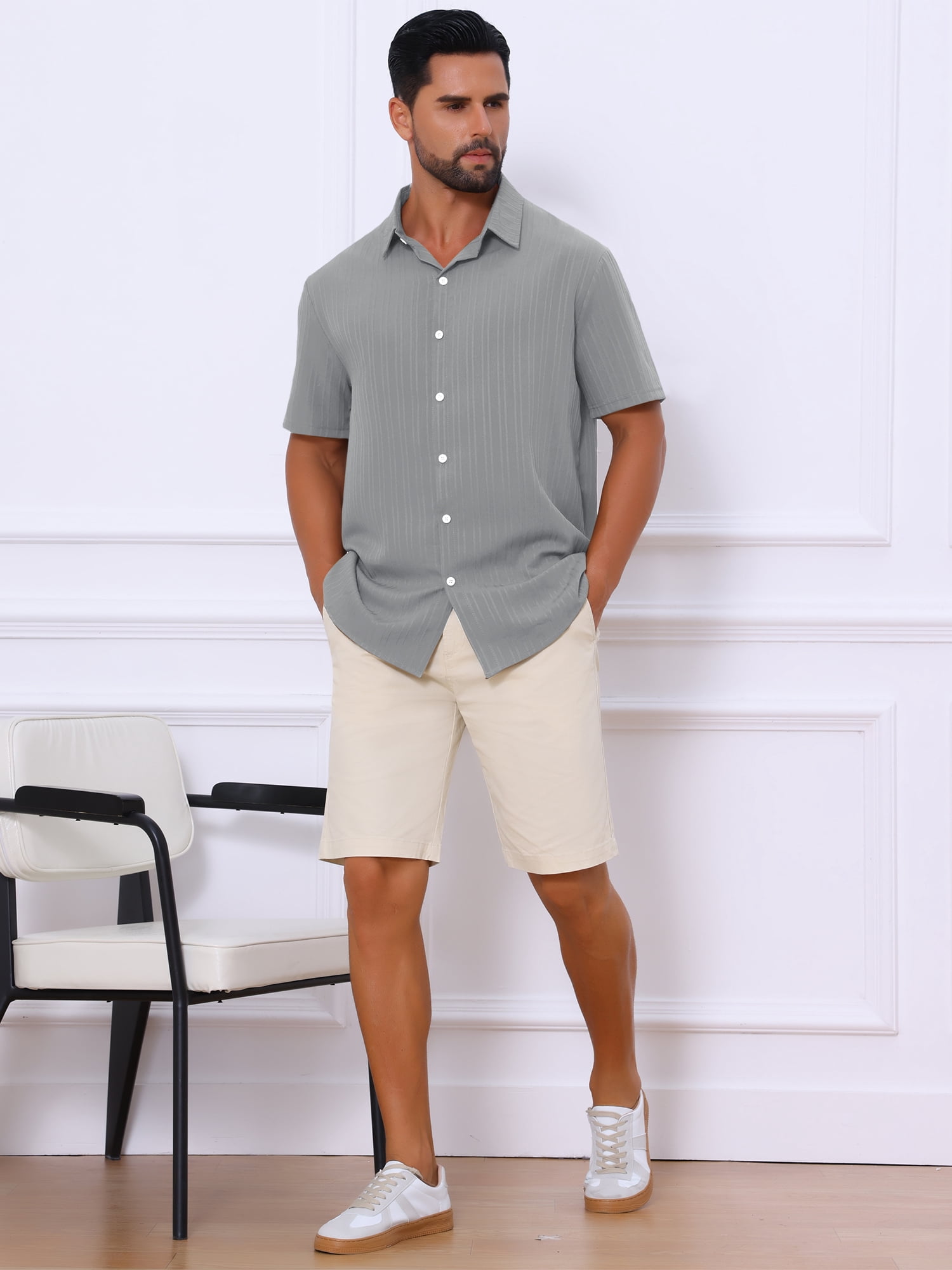 DARING DIVA Men's Short Sleeve Button Down Beach Summer Casual Shirt for Men M Gray