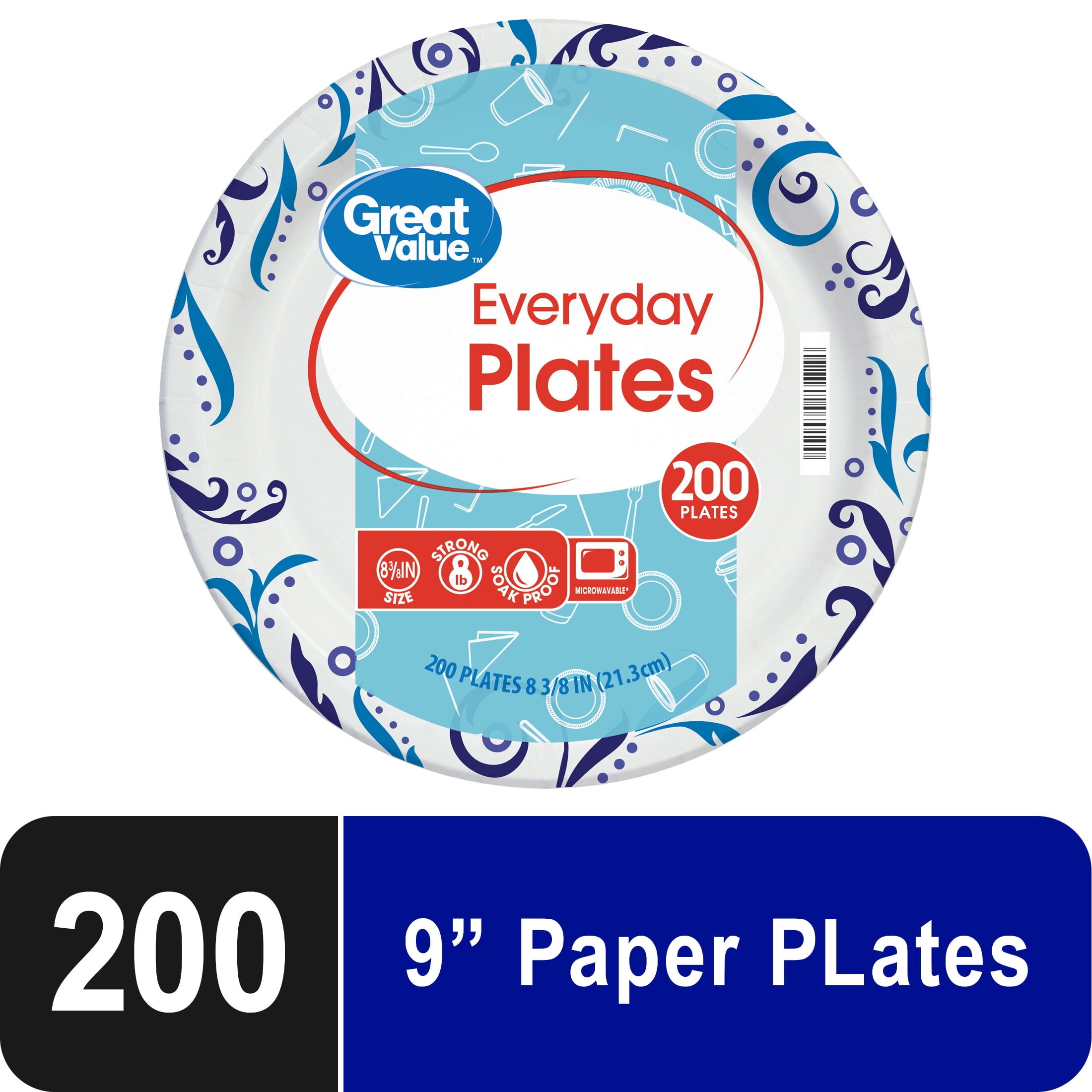 Great Value Everyday Disposable Paper Plates, 9in, 200ct