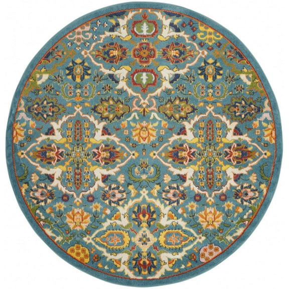 5' Teal and Ivory Round Floral Power Loom Area Rug