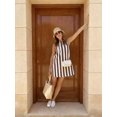 thumbnail image 3 of Womens Sleeveless A-Line Mini Dress In Coffee Brown Contrast Stripes, Round Neck, Zipper Back, Casual Summer Style, 3 of 7