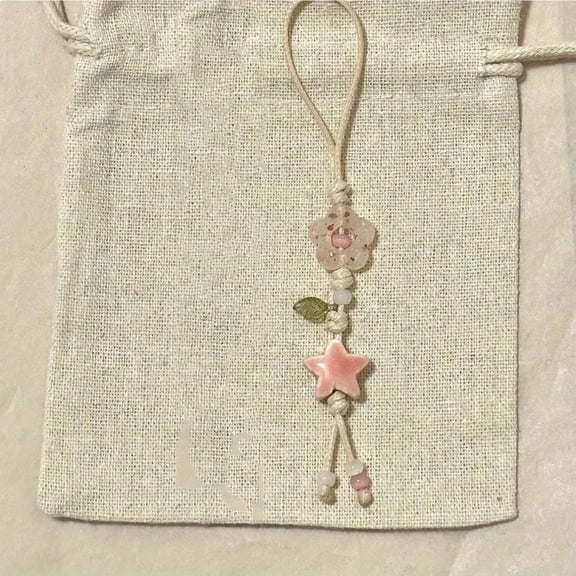 Handmade Pink Flower & Star Beaded Phone Charm - Boho Lanyard with Glass Leaf Accent