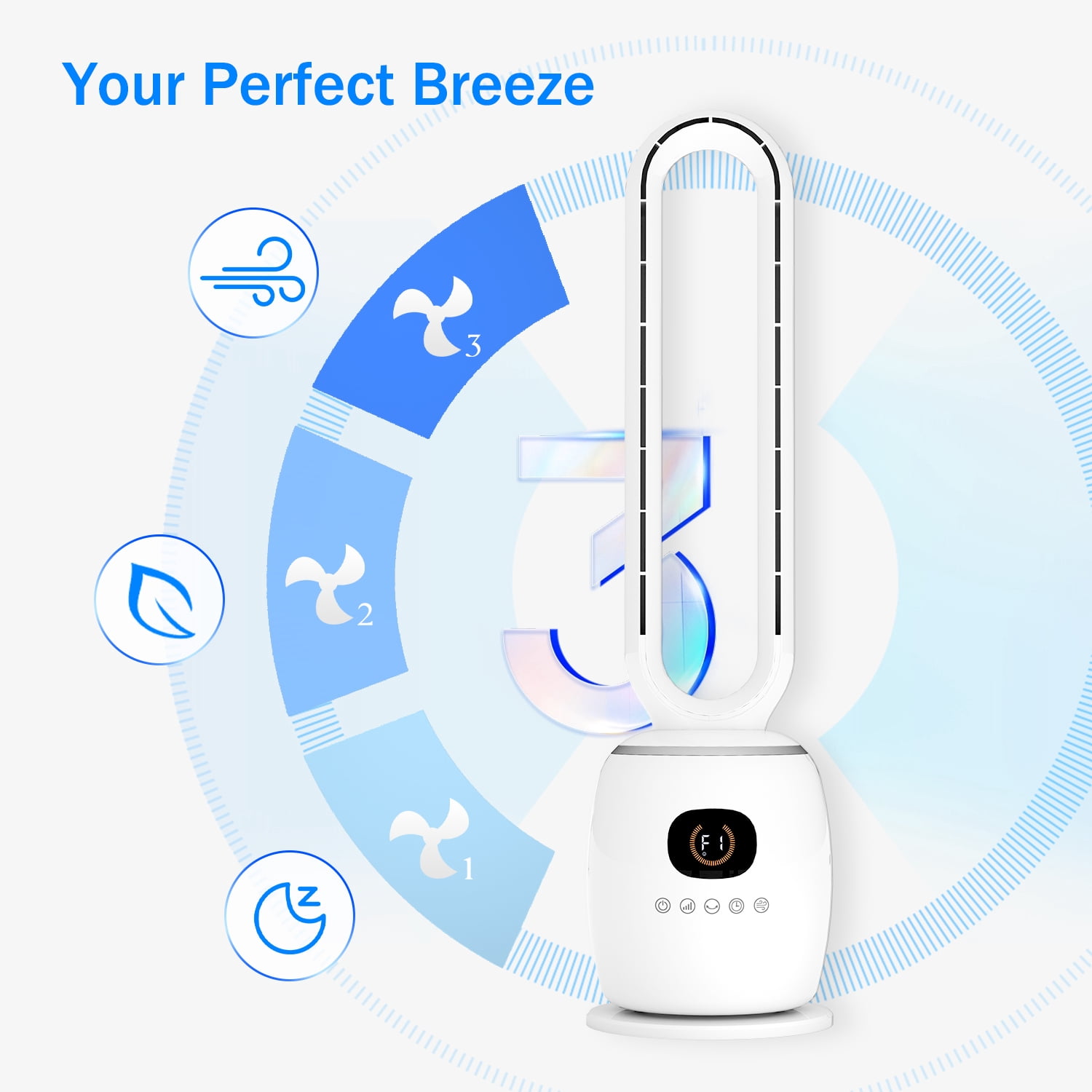 34in Bladeless Tower Fan with 60°Oscillating, 3 Speeds & 3 Modes Standing Floor Fan Equipped Remote Control, 12H Timer for Indoor Room Use