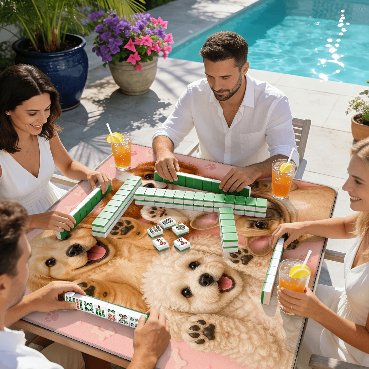 Mahjong Mat 31.5" x 31.5" Adorable Puppies Posing Their Paws Air Pink Non-Slip Noise Reduction American Mahjong Tiles Table Cover for Dominoes Poker Card Board Games Gift