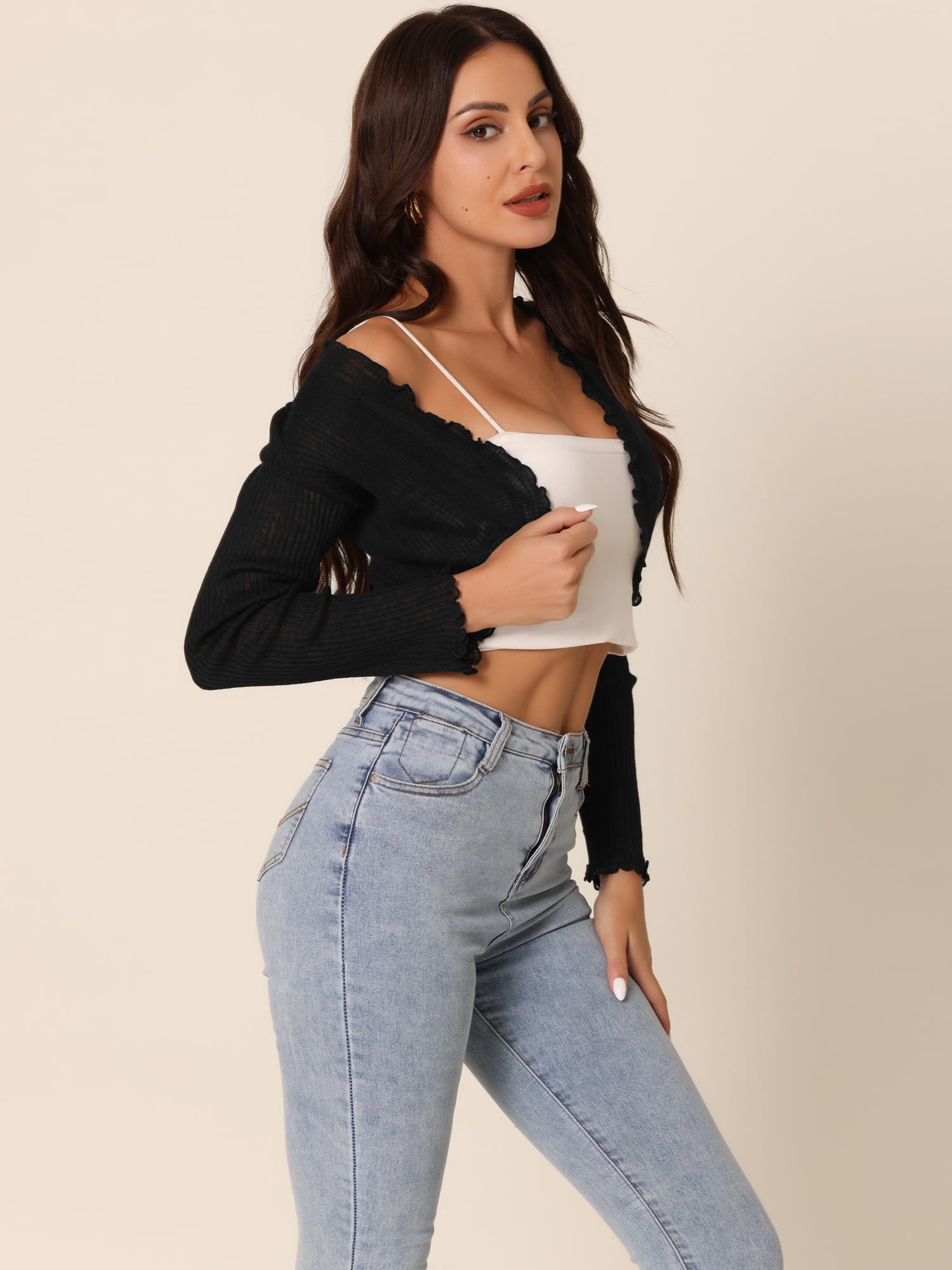 Unique Bargains Women Ribbed Knit Bolero Long Sleeve Ruffle Trim Open Front Shrug XL Black
