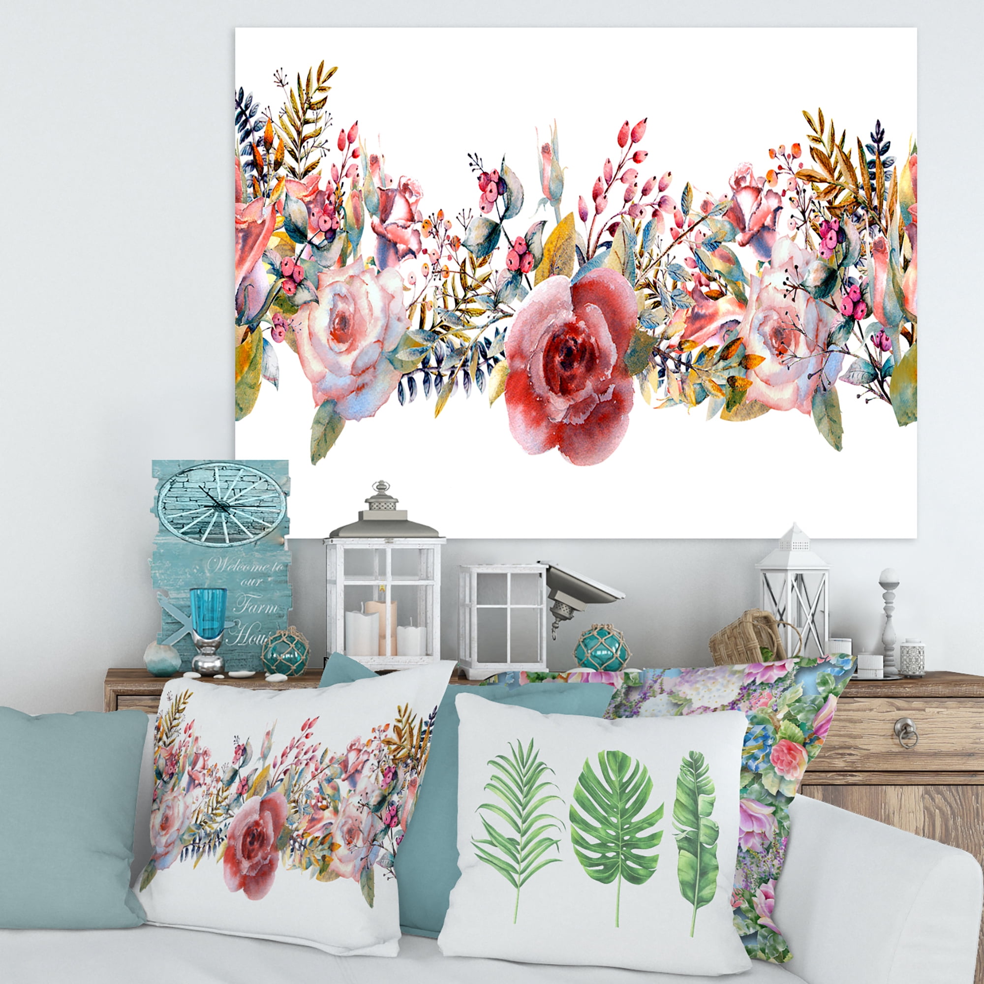 Wildflower and Pink Roses 8 in x 12 in Painting Canvas Art Print, by Designart