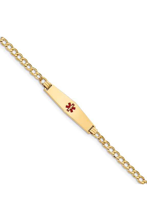 Real 14kt Yellow Gold Semi-solid Medical Soft Diamond Shape Red Enamel Curb Link ID Chain Bracelet; for Adults and Teens; for Women and Men