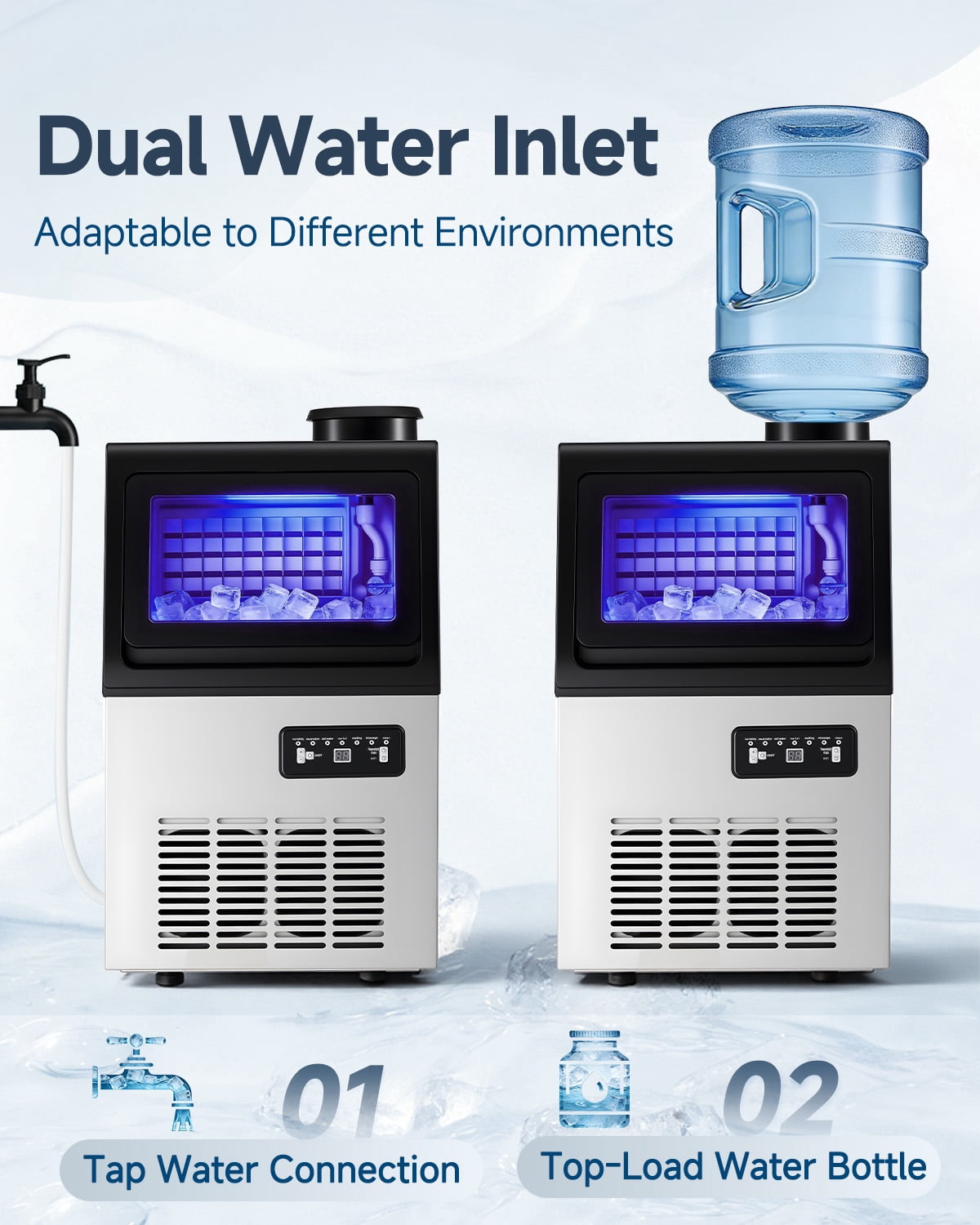 JFHID 90LBS/24H 2-in-1 Countertop Ice Maker, Freestanding Ice Machine with 2 Water Inlets