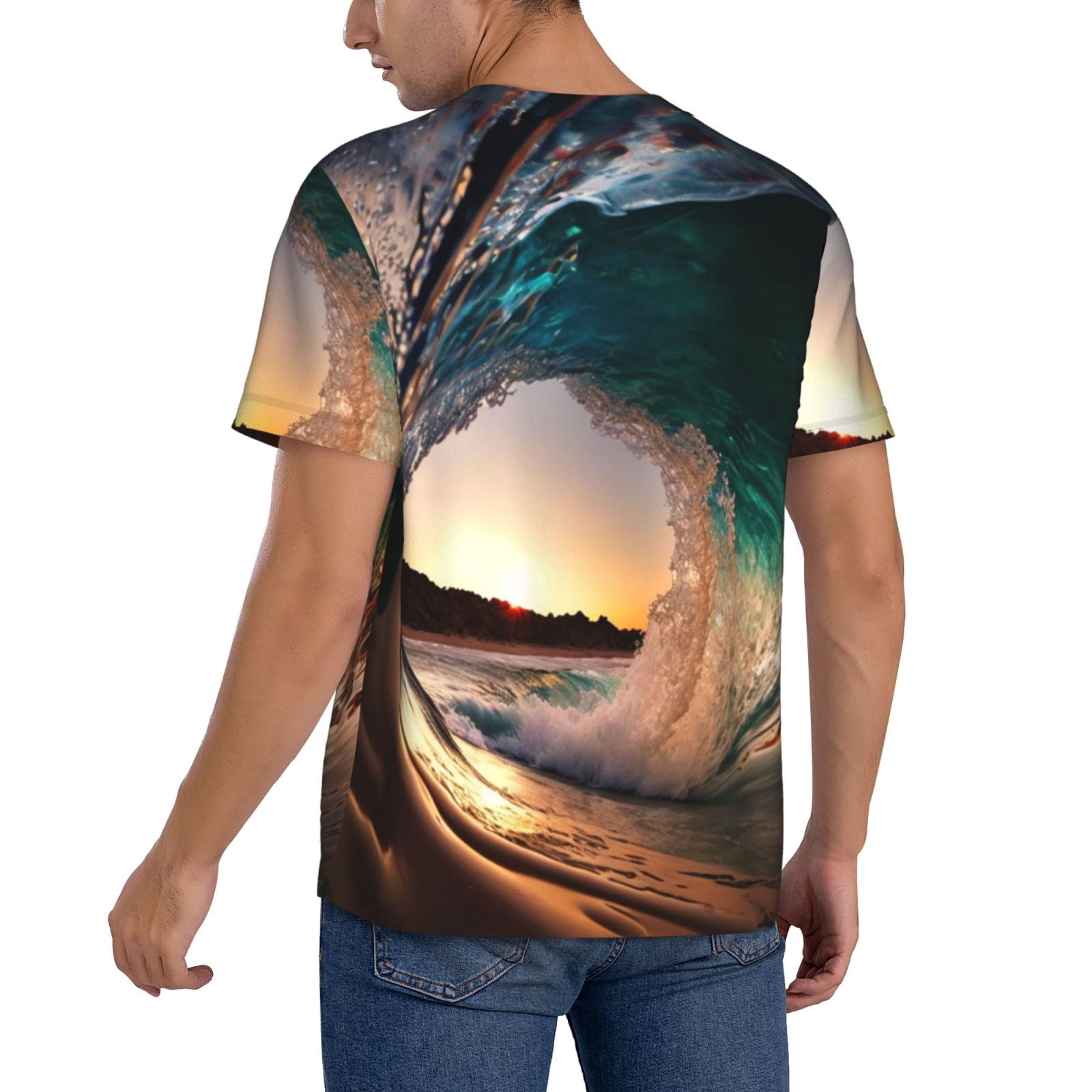 Mens Graphic Baseball T Shirt Short Sleeve Summer Casual Tee Top Jersey, Wave Inside Hollow Morning Surf