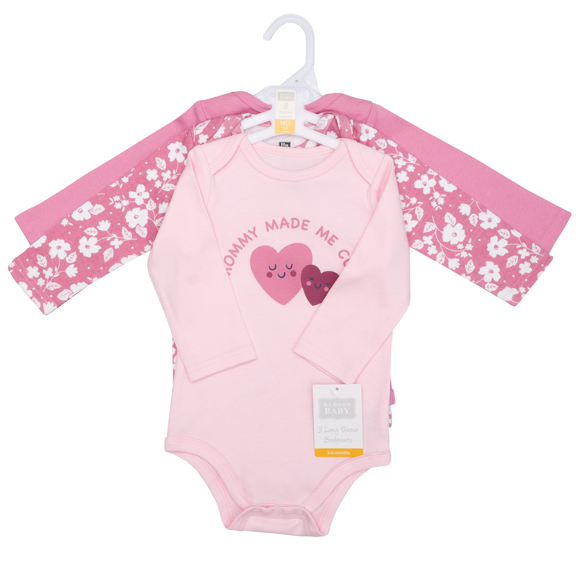 Hudson Baby Infant Girls Cotton Long-Sleeve Bodysuits 3-Pack, Cute Hearts, 6-9 Months